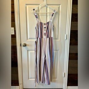 As U Wish Red, Blue, Cream Striped Button-Front Jumpsuit, Size Large